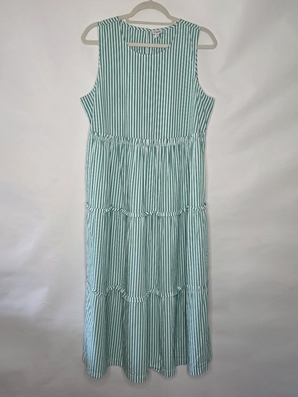 J. Crew Striped Tiered Midi Dress with Pockets Size 12 Sleeveless Green White